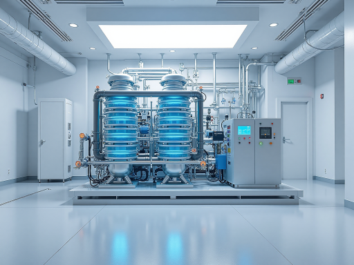 Modern manufacturing facility with industrial equipment and workers in blue uniforms standing near water treatment machines in well-lit factory environment