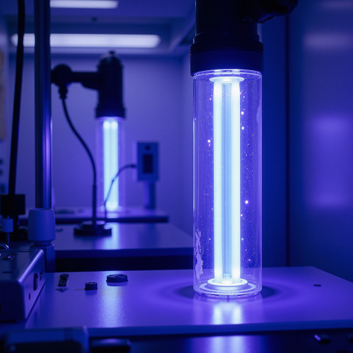 UV sterilization unit with clear quartz tube and LED indicators showing germicidal light technology